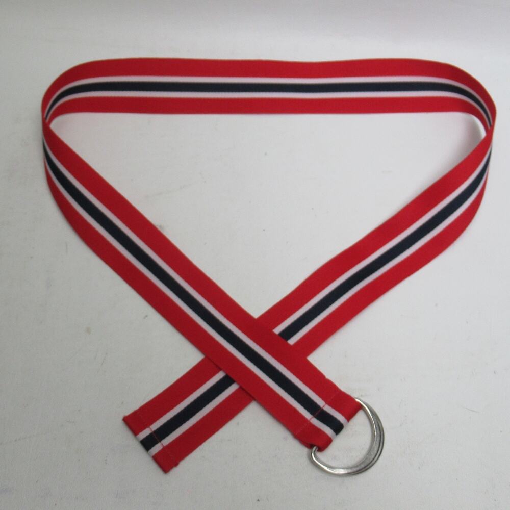 Grossgrain Ribbon Waist Belt M Red White Blue Stripe Preppy D-Ring Silver Tone